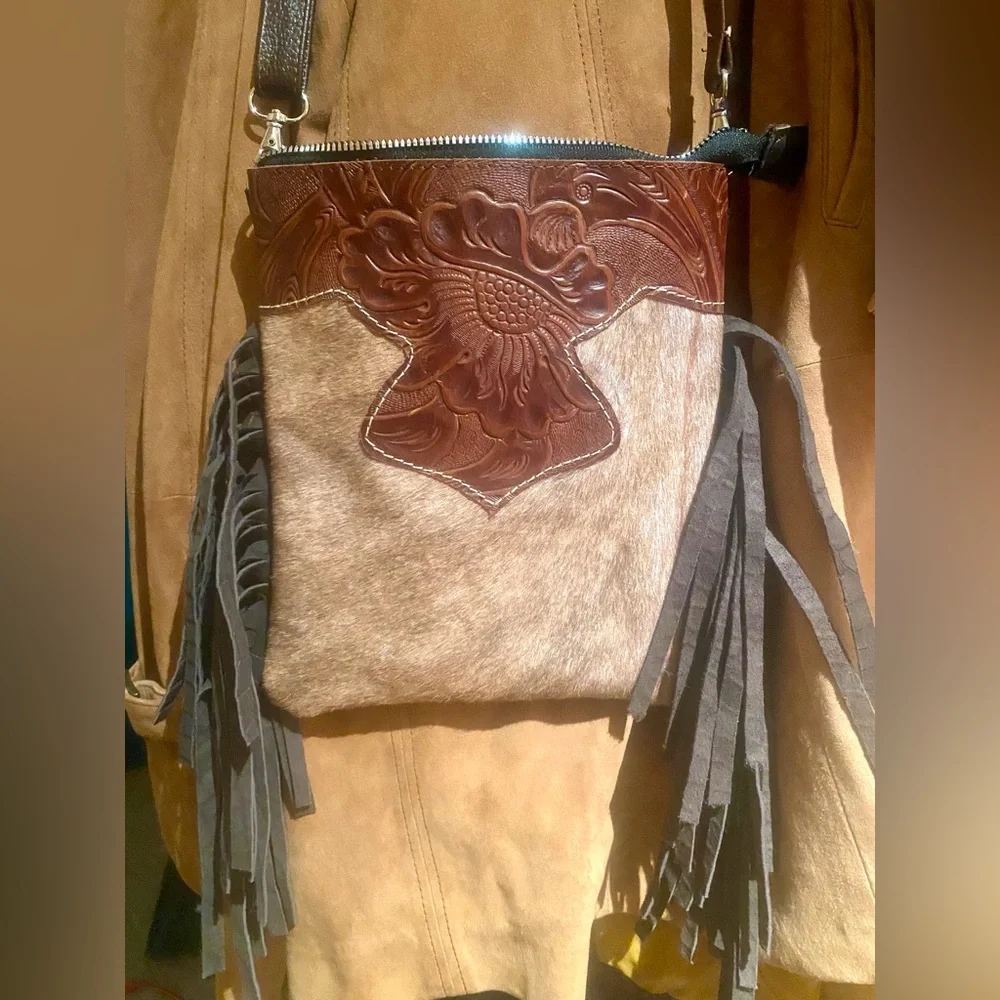 Genuine Cowhide Hair Embossed Leather Western Fringe Crossbody Boho Purse